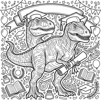 Get ready to celebrate a colossal achievement with our unique Giganotosaurus Graduation coloring page. Two magnificent dinosaurs proudly don their caps and diplomas amidst a festive academic backdrop.