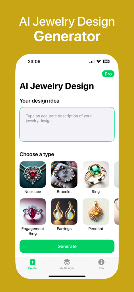 Interface of the AI Jewelry Design Generator app showing jewelry categories and a design prompt input field