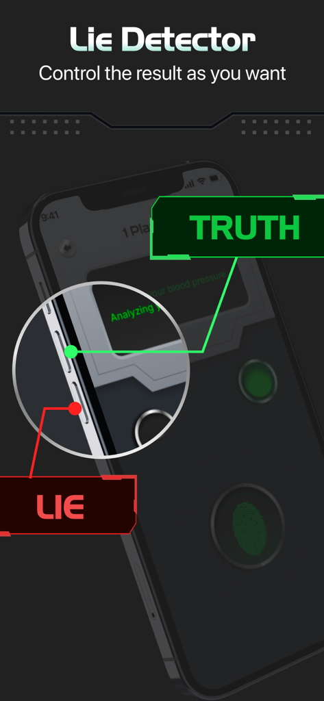 Lie Detector: Test Scan Prank - Interface showing how to control truth or lie results in the lie detector app using volume buttons