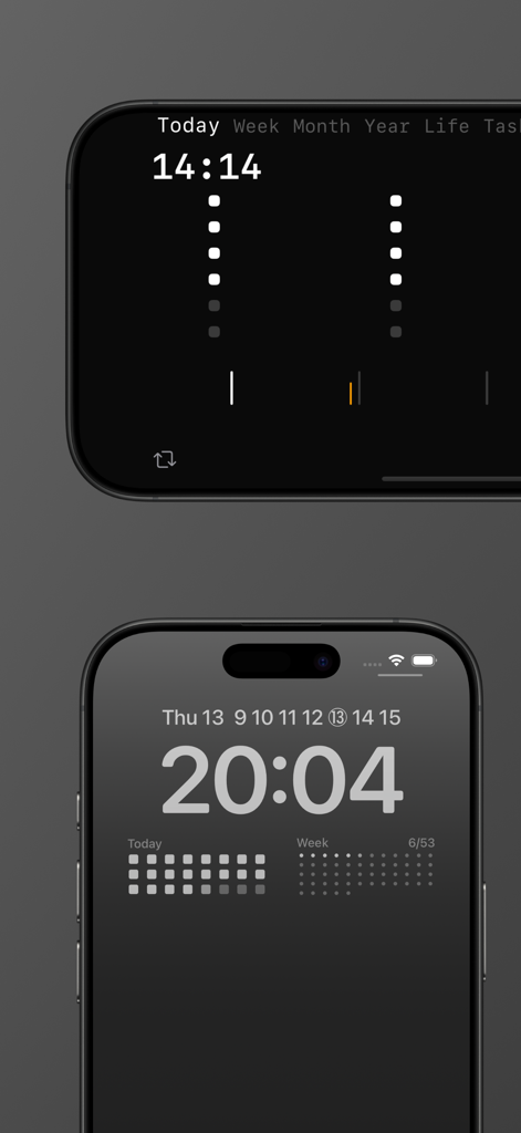 Life Widget - Time Progress - Widgets minimalistas de progresso de tempo no iPhone em modo escuro exibindo progresso diário e semanal