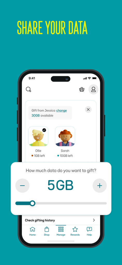 Interface of the EE app showing how to gift mobile data to family members