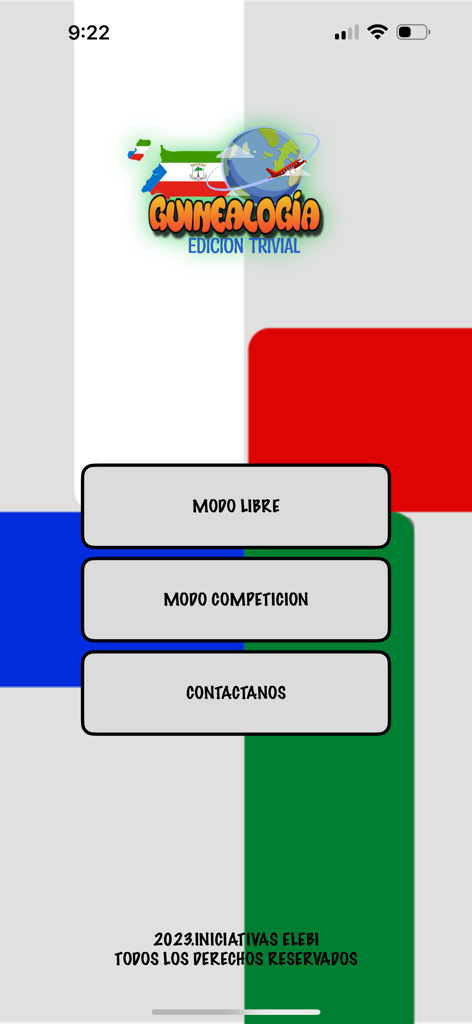 Guinealogia - Pantalla principal de la aplicación de trivia Guinealogia que muestra las opciones de modo libre y modo de competición