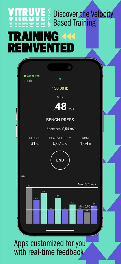 Speed4Lifts - Vitruve app screenshot showing real-time bench press velocity, fatigue, and performance metrics on a mobile device.