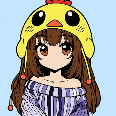 anime girl with chick shaped hat with sweater with bare shoulders with bangs covering them one eye with low tail