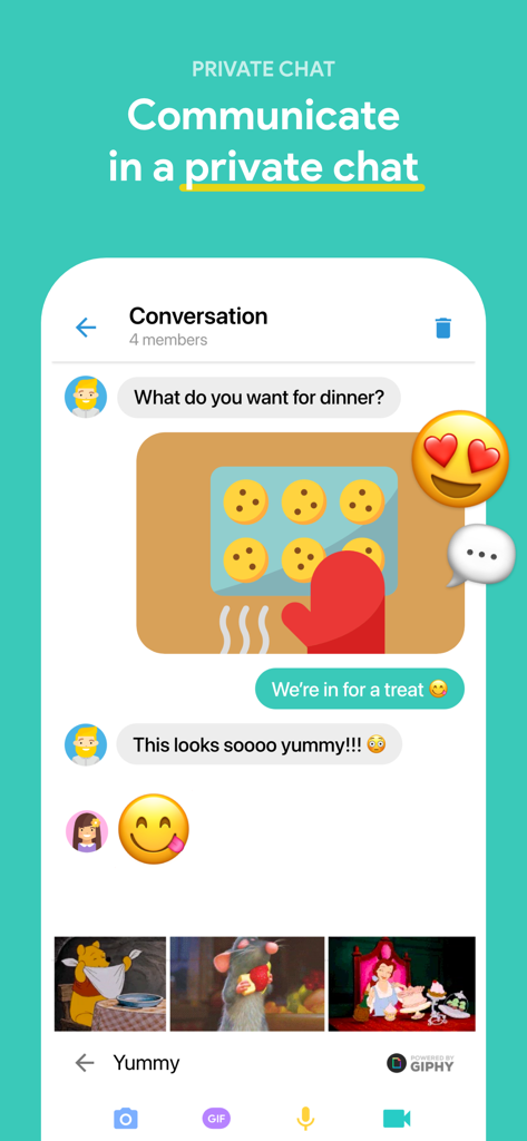 FamilyWall: Family Organizer - Uma captura de tela do recurso de chat privado do aplicativo FamilyWall mostrando uma conversa sobre o jantar entre os membros da família com imagens e emojis.