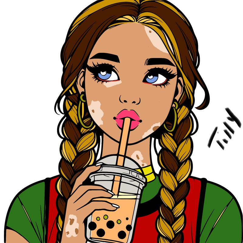 realistic girl with braided hair drinking boba