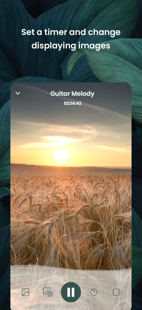Meditation Music: Sleep Sounds - Meditation Music app interface showing a music player with a guitar melody, sleep timer, and a sunset wheat field background.