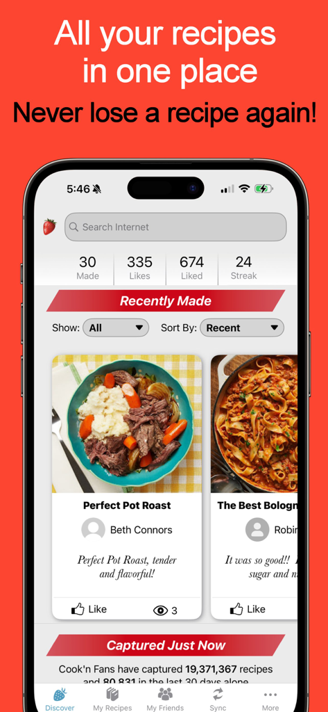 Recipe Keeper - Cook'n - Interface do aplicativo Recipe Keeper Cookn mostrando receitas organizadas e estatísticas de cozimento