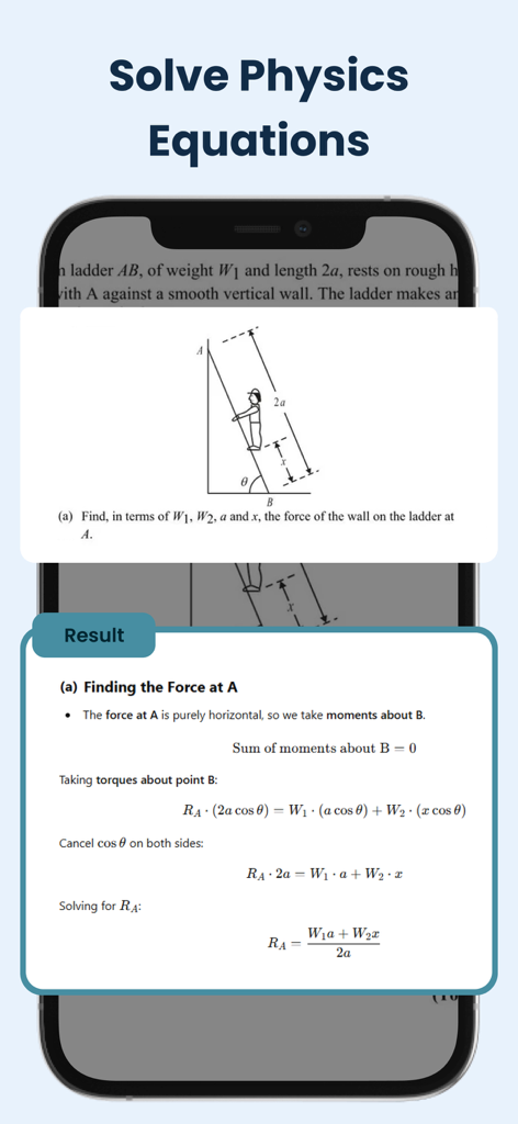 Tela de smartphone mostrando uma solução passo a passo de física para um problema de força de escada no aplicativo AI Picture Answer