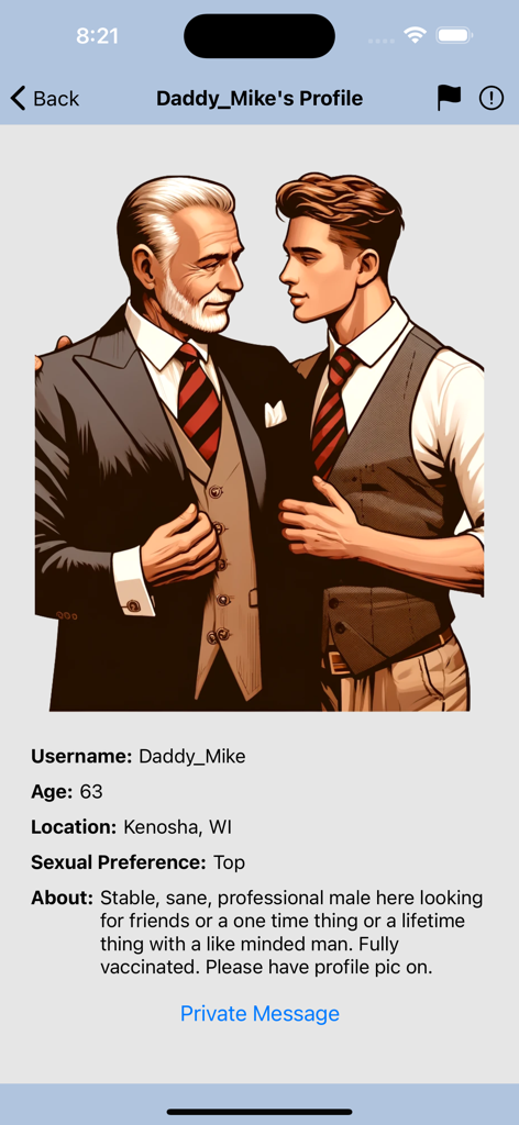 User profile page on Gay Older Men Chat app showing username age and location for Daddy Mike
