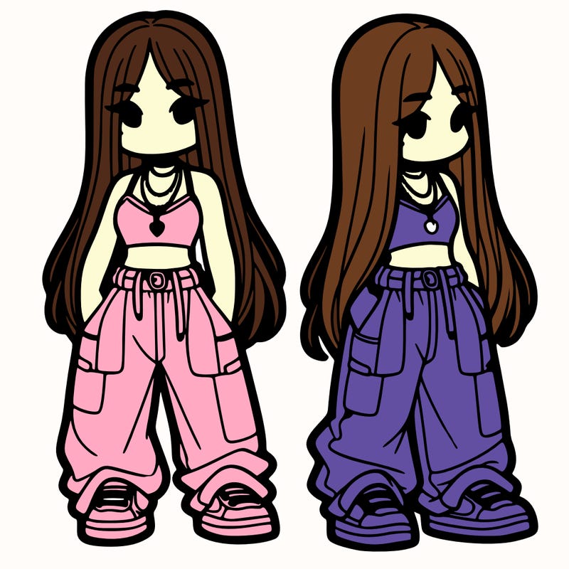 girl in baggy pants crop top and long hair