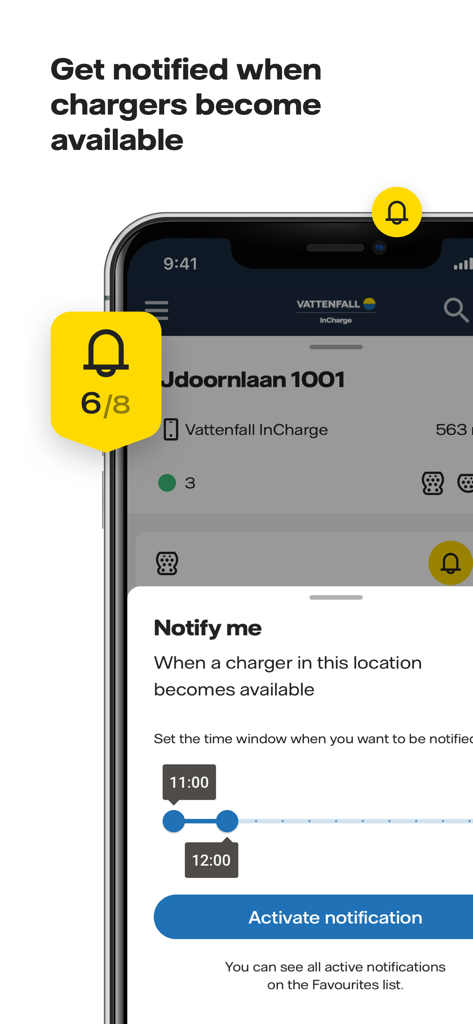 Vattenfall InCharge - Interfaz de la aplicación Vattenfall InCharge para configurar una notificación cuando un cargador de vehículo eléctrico esté disponible.