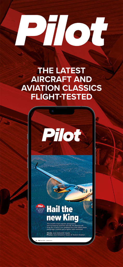 La aplicación Pilot Magazine muestra un artículo de prueba de vuelo de una aeronave Beechcraft King Air en un smartphone.