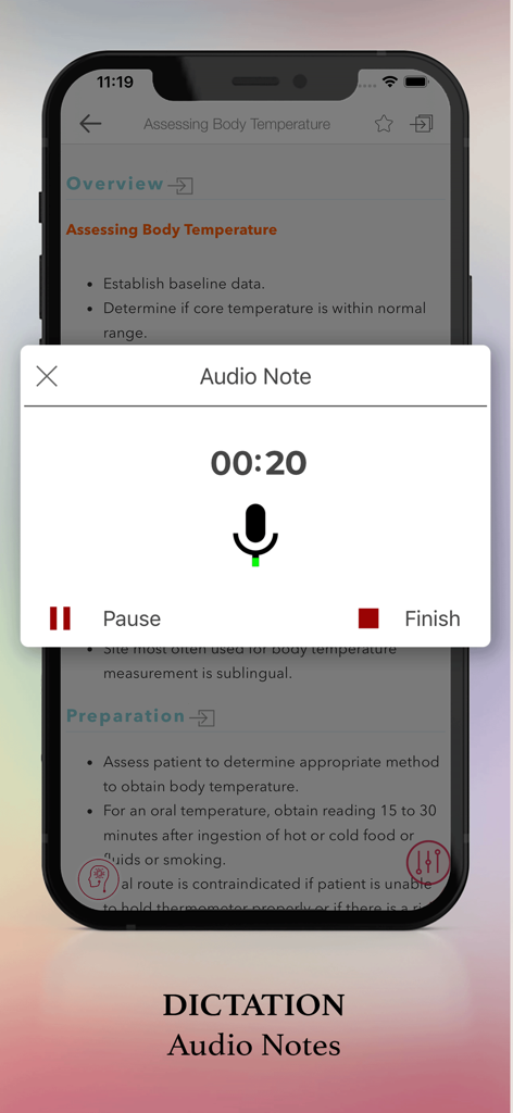 Davis Clinical Nursing Skills - Un'interfaccia mobile per registrare note audio e dettatura all'interno di un'applicazione di abilità infermieristiche cliniche