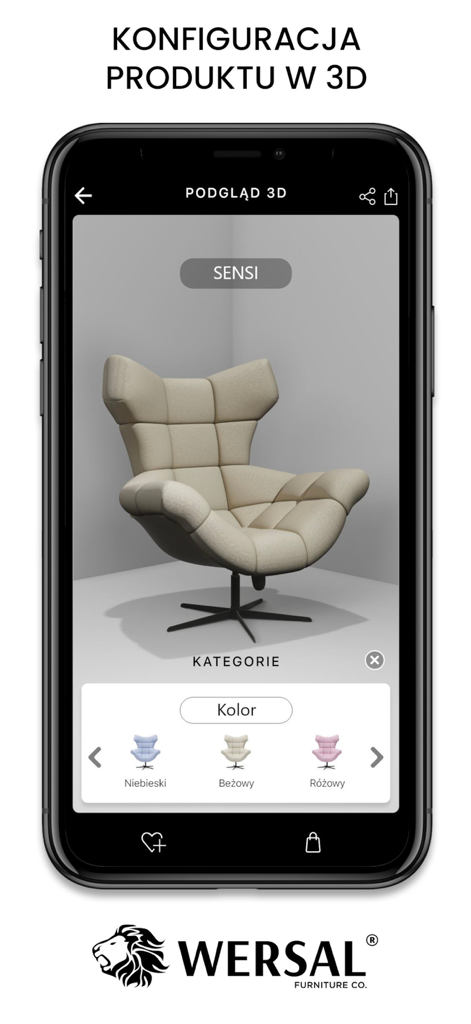 3D furniture configuration of an armchair in the WERSAL AR mobile app.