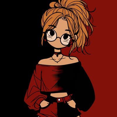 girl with a messy ponytail glasses a baggy crop top and jean shorts