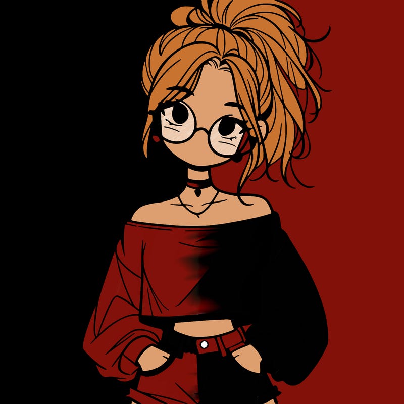 girl with a messy ponytail glasses a baggy crop top and jean shorts