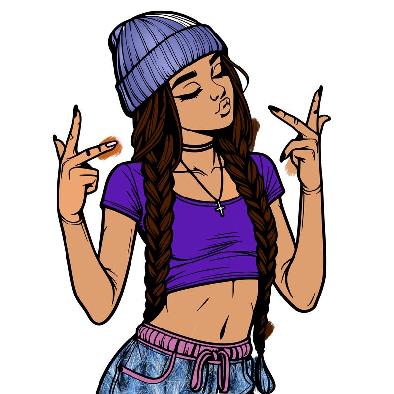 realistic teenage girl with braids and a beanie and crop top doing 🫶🏼