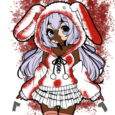 pretty anime girl wearing a fluffy hoodie with bunny ears on the hood and a skirt