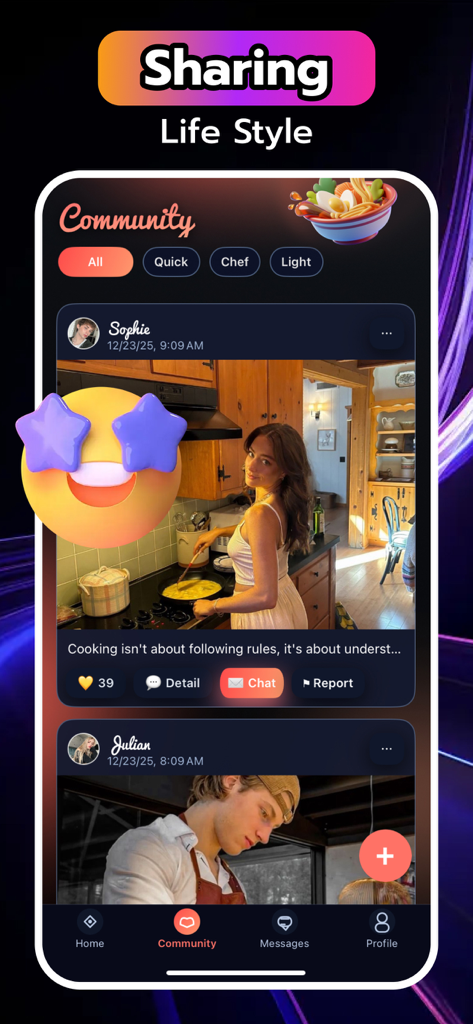 El feed de la comunidad de la aplicación Kobu mostrando publicaciones sociales de usuarios cocinando y compartiendo su estilo de vida alimentario.