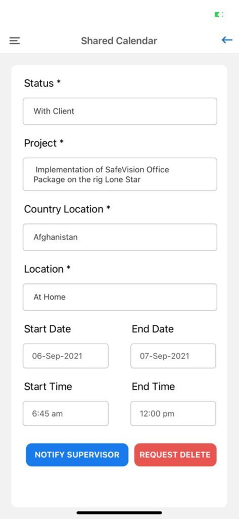 Interface do Calendário Compartilhado do Safelink App mostrando um formulário de atualização de status de projeto para operações de sonda de petróleo