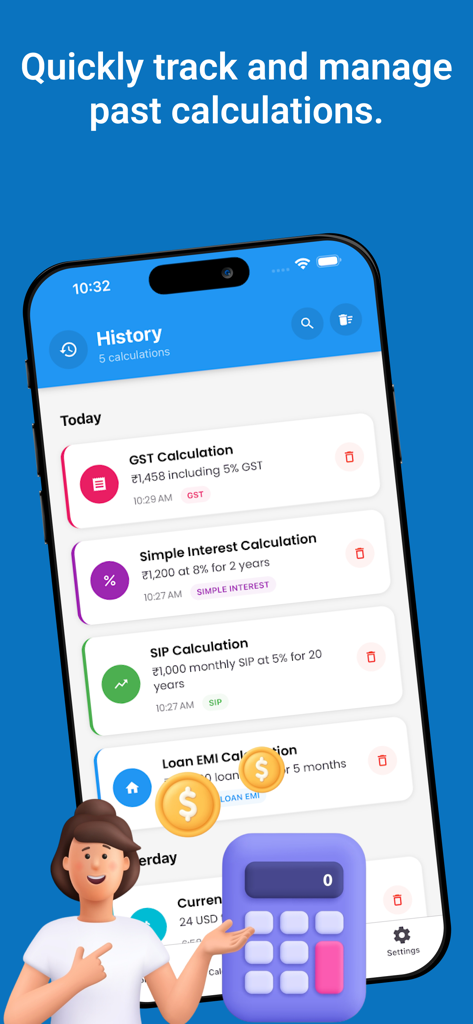 All In One Calculators - Pantalla de historial de la aplicación Calculadoras Todo en Uno que muestra cálculos anteriores para IVA y SIP