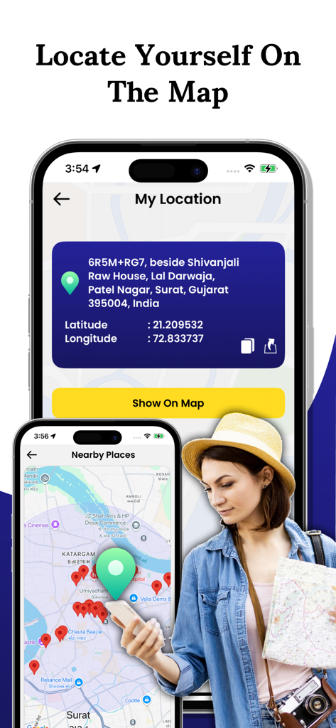 Live Earth Maps 3D GPS View - Interfaccia dell'app mobile per localizzare la posizione dell'utente e trovare luoghi vicini su una mappa 3D