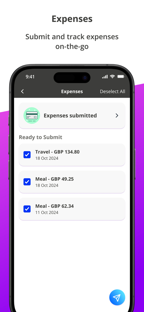 Interface para enviar e rastrear despesas de negócios no aplicativo móvel Staffology HR.