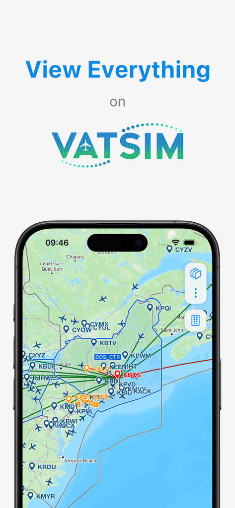 VatScope app displaying live flights and air traffic control sectors on the VATSIM network map