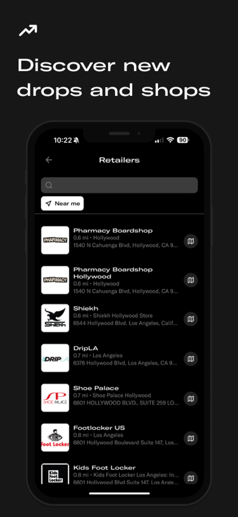 Sole Retriever - Sneakers - Interface do aplicativo Sole Retriever mostrando uma lista de varejistas de tênis perto da localização do usuário