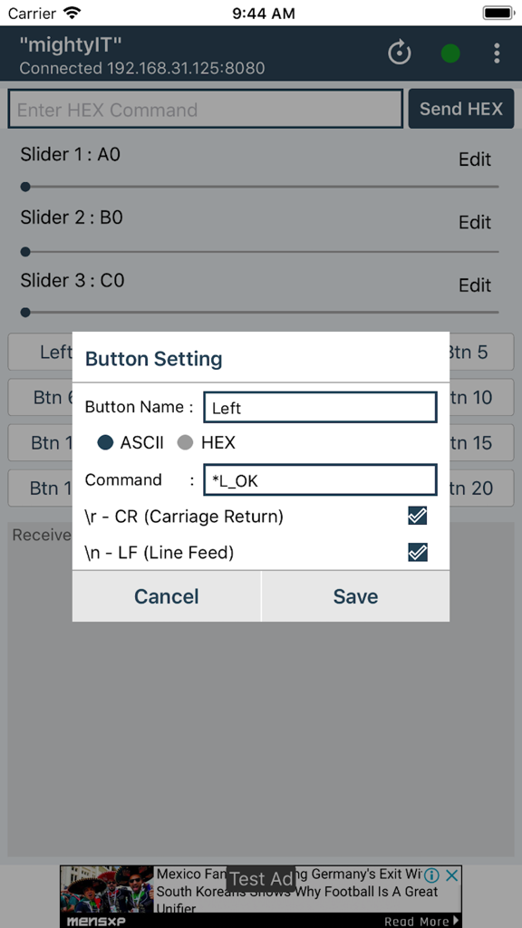 Interface of WiFi Controller ESP8266 app showing button customization settings for IoT prototyping with ASCII and HEX commands