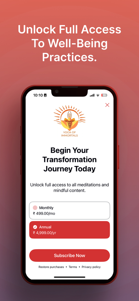 Shiv Yog app paywall showing monthly and annual subscription options for meditation and yoga.
