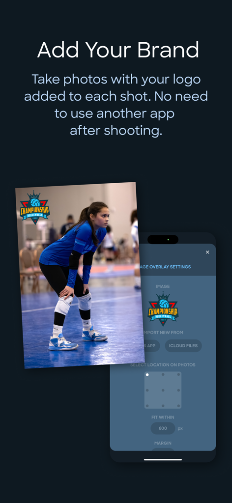 TapShot app interface showing a volleyball photo with a custom team logo watermark and branding settings.