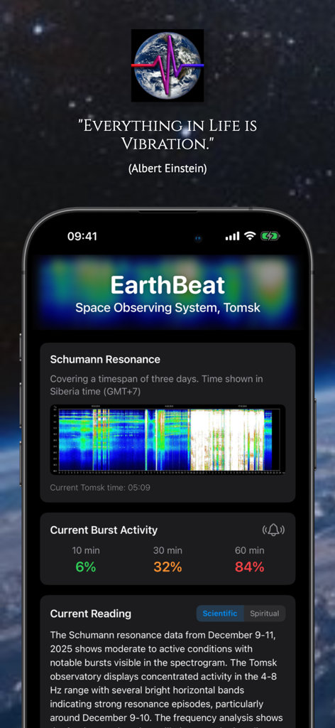 EarthBeat - Schumann Resonance - EarthBeatアプリのインターフェース。シュマン共鳴スペクトログラムと現在のバースト活動データが表示されています。