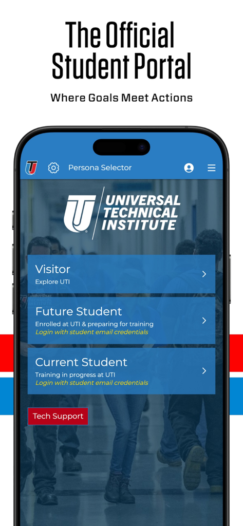 UTI Go app student portal screen showing persona selection options for visitors, future students, and current students