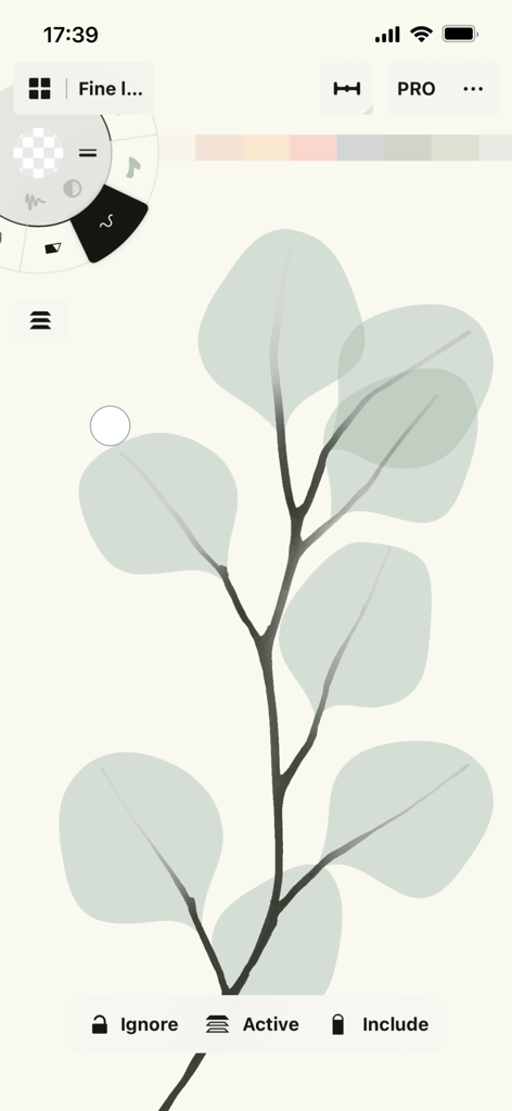 Concepts - Esboço de folha de eucalipto na interface de desenho vetorial do aplicativo Conceitos.