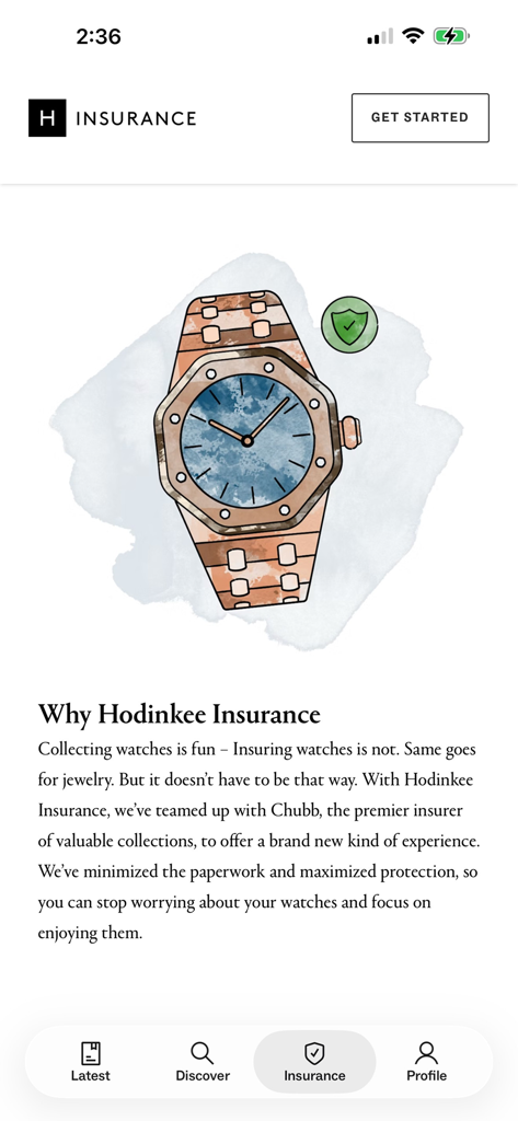 Hodinkee: All Things Watches - Página de seguros da aplicação Hodinkee com uma ilustração de relógio de luxo e descrição do serviço