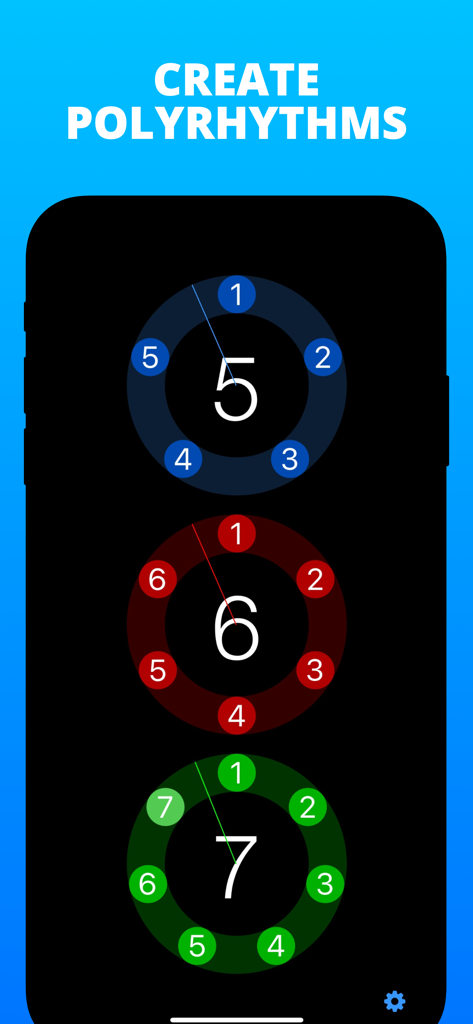 PolyNome: THE Metronome - Visual interface of the PolyNome app showing three circular rhythmic visualizers for creating complex polyrhythms.