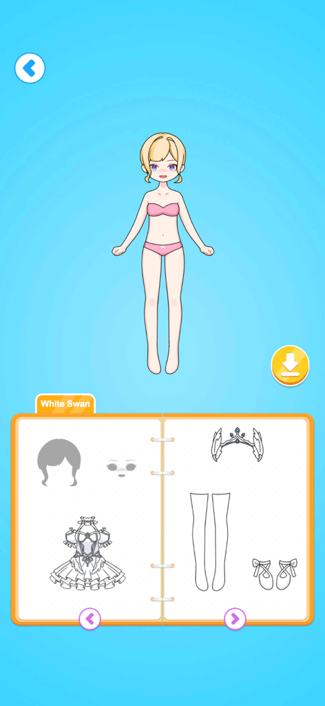 Which Dress? Left or Right - Character customization screen in the Which Dress game featuring a White Swan outfit catalog.