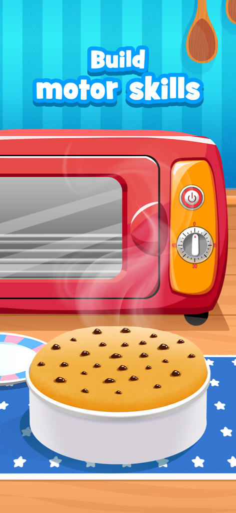 Kids Cooking Games & Baking - Un horno rojo de dibujos animados con una galleta con chispas de chocolate humeante en un juego de cocina para niños