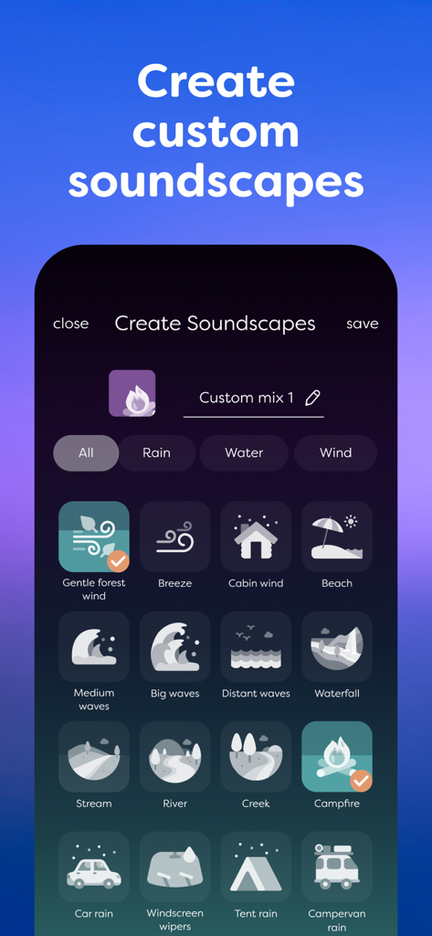 Sleepwave: Alarm & Tracker - Sleepwave app interface for creating custom soundscapes with various nature and ambient sound icons