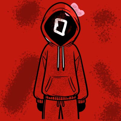 faceless girl in a tracksuit with a hood on and no hair