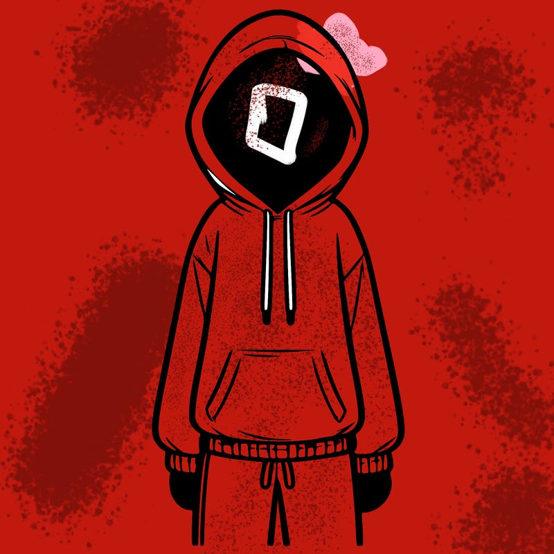 faceless girl in a tracksuit with a hood on and no hair