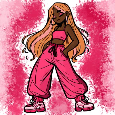 girl in baggy pants crop top and long hair