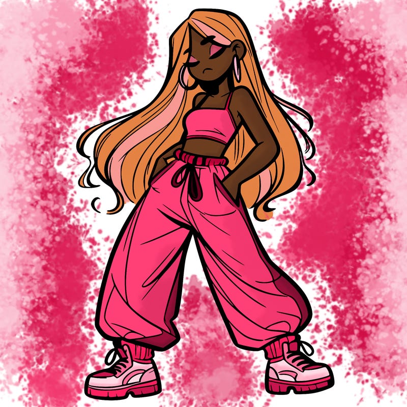 girl in baggy pants crop top and long hair