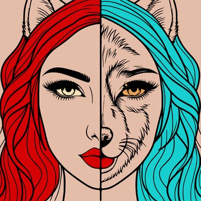 split face realistic woman and wolf