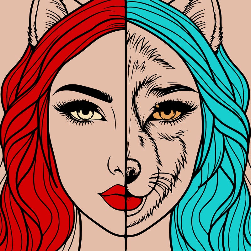 split face realistic woman and wolf