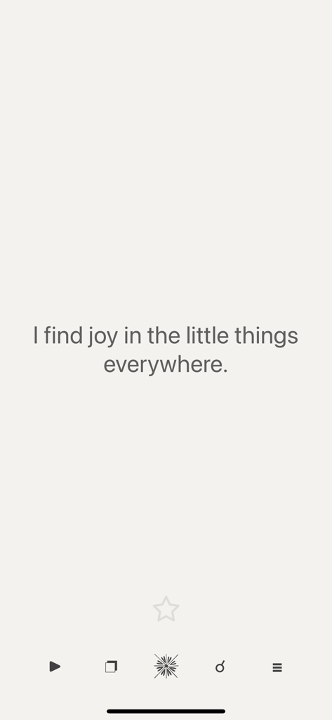 Affirmations Reminders app interface displaying a positive quote about finding joy on a minimalist background.