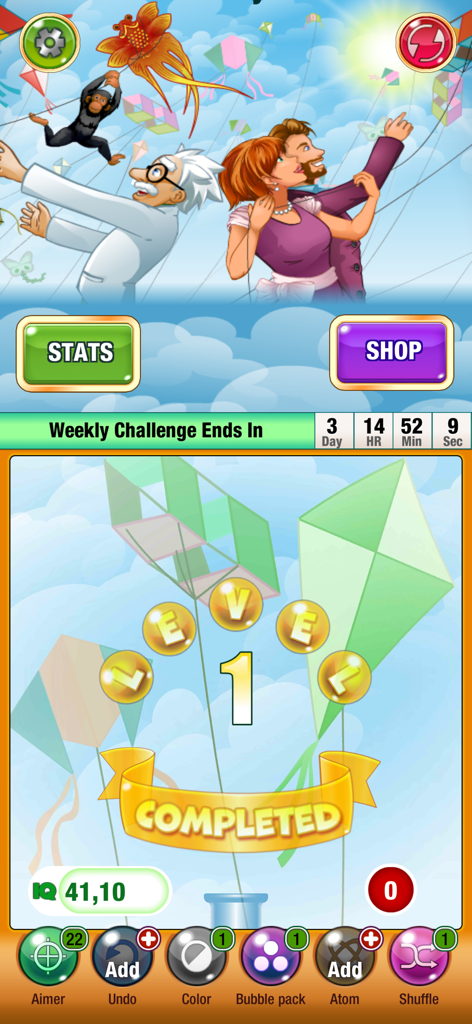 Bubbles IQ - Bubbles IQ game level one completion screen showing the score and weekly challenge timer