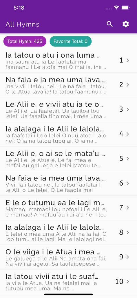 Interfaccia di un'app mobile che mostra un elenco numerato di inni religiosi in lingua samoana